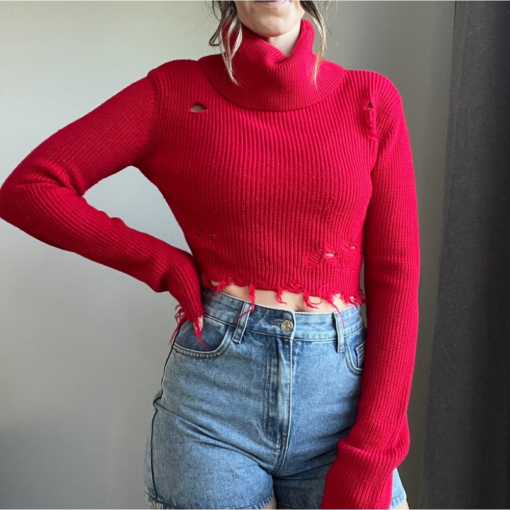 🔥Distressed Cropped Turtle Neck - Picture 2 of 12